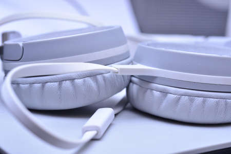 White headphones closeup wallpaper backgroundの写真素材