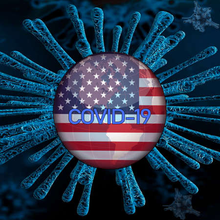 A 3D rendering illustration of a coronavirus cell with a United States flag - the concept of...