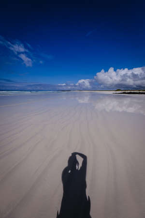 A vertical shot of a clear water seashore and a male shadow over sand with dark blue sky in the...