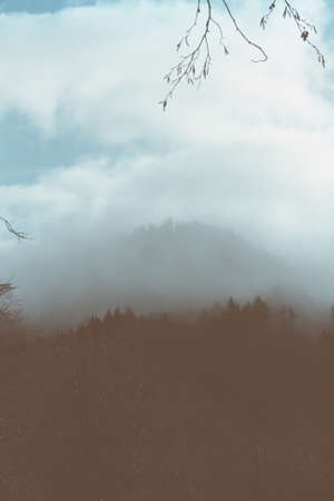 A beautiful shot of a dark foggy forest on a hill surrounded by clouds