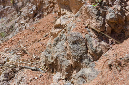 Close view of the texture of some rocks on a slope with red soil