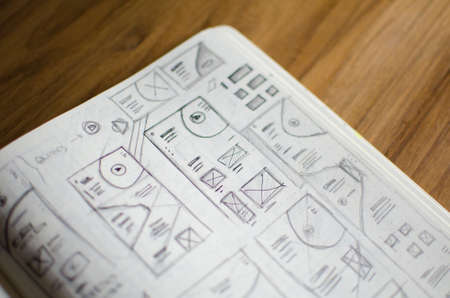 A closeup of UI/UX draft sheet with highlighted areas with a marker - Perfect web design wallpapers and backgroundsの写真素材