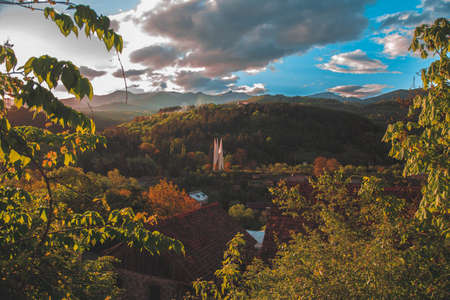 Beautiful hills and misty forestの写真素材