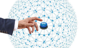 A male in a suit pointing a finder at an illustration of a blue connection network