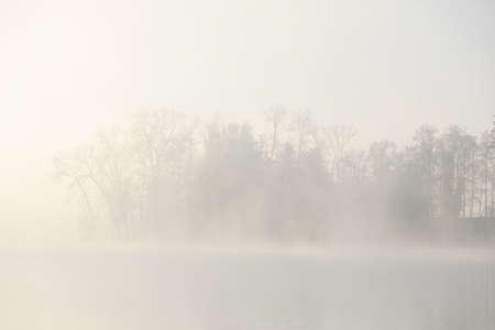 A beautiful shot of a lake during a foggy weatherの写真素材