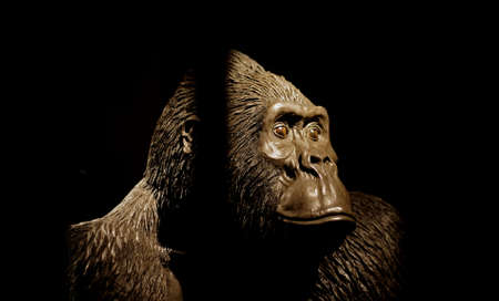 A close shot of a gorilla mannequin with a dark background