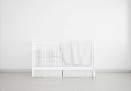 A 3D rendering of a modern bedroom interior with a crib under a natural lightの写真素材