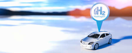 A 3d rendering of a blue hydrogen filling gas station pointer icon on automobileの写真素材