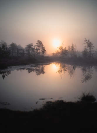 A lake with reflection of the sun with trees around it during sunset
