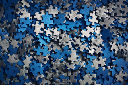 A closeup shot of small blue and grey puzzle pieces in the boxの写真素材