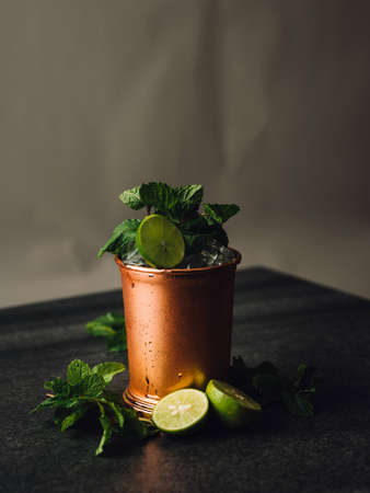 A vertical shot of a mojito cocktail I a copper cup with lemon and mint leaves around itの写真素材