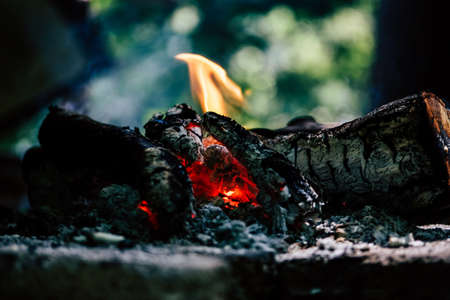 Closeup shot of burning logs indoorsの写真素材