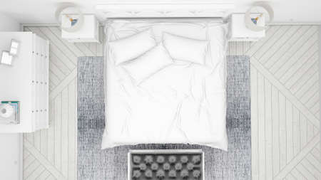 A high angle shot of a classic bedroom or hotel room with double bed and elegant white furnitureの写真素材
