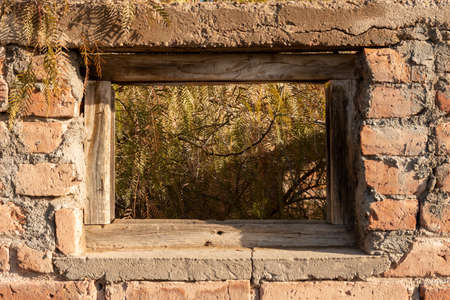 A closeup shot of an old brick wall with a window hole with a wooden frame