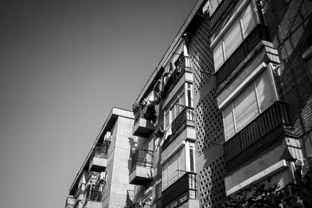 A low angle shot of a building in grayscaleの写真素材