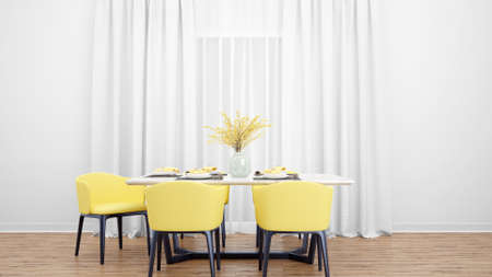 A 3D rendering of a dining room with yellow chars on a wooden floor against a white curtain