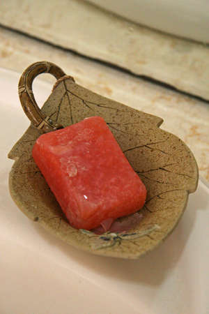 A vertical shot of red soap on a leaf-shaped soap dish