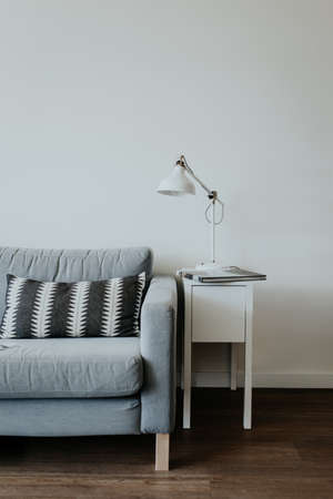 A vertical shot of an interior of modern house with a couch and a lamp on a nightstand with a white backgroundの写真素材