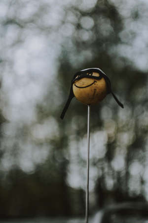 A small yellow smiley ball on a stick in a mask with a blurred backgroundの写真素材