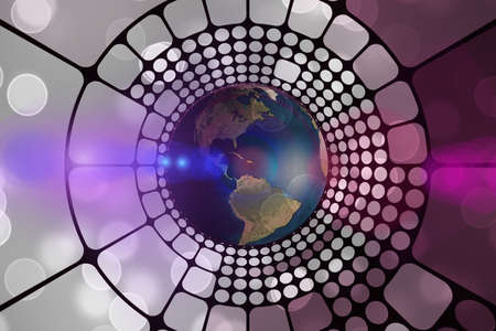 An illustration of the Earth planet with purple shapes surrounding itの写真素材