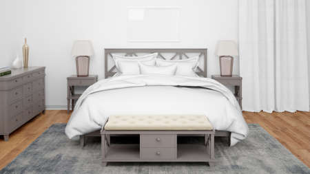 A 3D rendering of a modern bedroom interior under a natural light