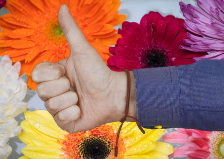 A person's hand showing thumbs up with flowers in the backgroundの写真素材