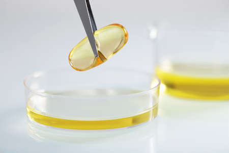 A closeup shot of tweezers holding a clear yellow capsule over yellow liquid in a glass dish at a labの写真素材