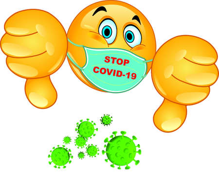 A 3D rendering of round Face with Medical Mask cartoon with stop COVID-19 text - global pandemic conceptの写真素材