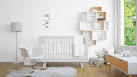 A sunny baby bedroom with white furnitureの写真素材