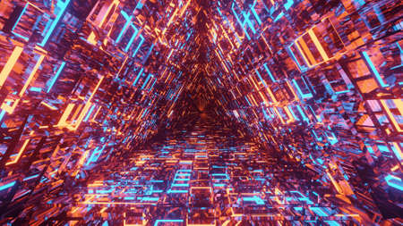 A 3D rendering of a cool trippy futuristic hallway in a triangular form