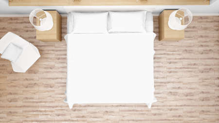 A 3D rendering of a modern bedroom interior under a natural lightの写真素材