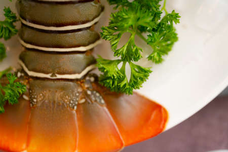 A high angle closeup shot of a lobster tail with parsley on a round white plate
