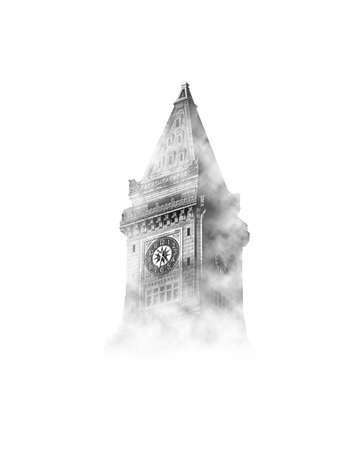 Big Ben in the sky with clouds in black and white