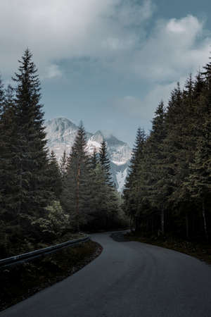 A vertical shot of empty asphalt road with cloudy skyの写真素材