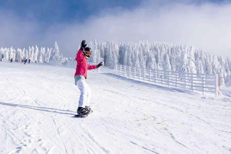 A snowboarder riding down the hill in the mountain resort with snowy trees in the backgroundの写真素材