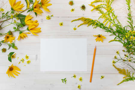 A high angle shot of a blank paper beside a yellow pencil on a wooden surface with yellow-petaled flowersの写真素材