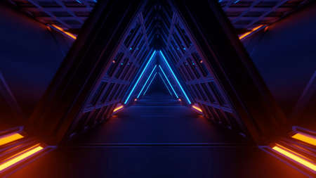 A 3D rendering of a cool trippy futuristic hallway in a triangular formの写真素材