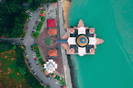 An aerial view of a swimming pool on the beach in Malaysiaの写真素材