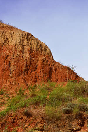 A long range shot of a tall brown rock with plants in front of it and a clear sky in the backgroundの写真素材