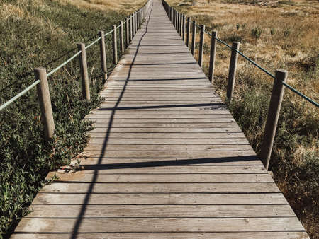 A long wooden pier over a meadow