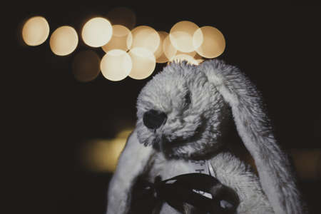 A closeup shot of a creepy white rabbit doll with bokeh lights in the background - horror conceptの写真素材