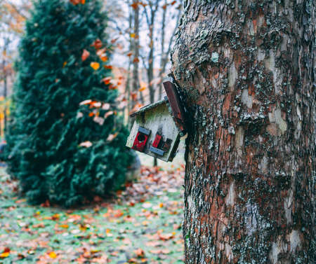 A closeup shot of a house figurine pinned on a tree on the background of a Christmas tree