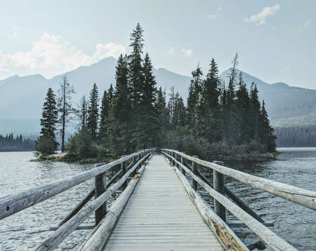 A beautiful shot of a wooden bridge over the water towards the forest with mountains in the...