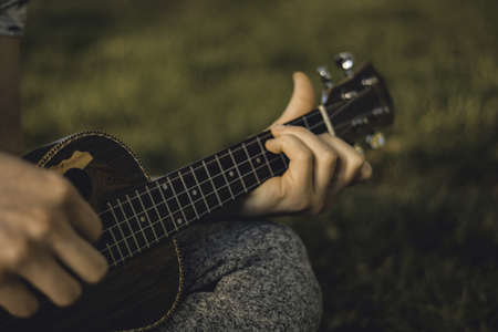 A closeup of a person playing the ukulele in a field under the sunlightの写真素材