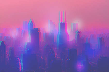 A distorted 3D skyline illustration of tall skyscrapers and architectureの写真素材