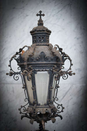 A close up shot of vintage metallic street lights in Gothic styleの写真素材