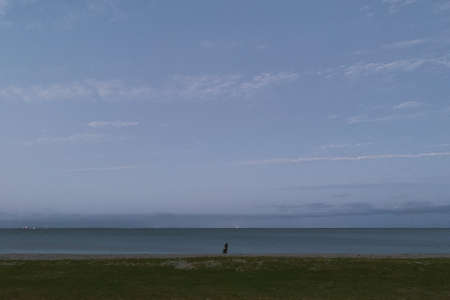 A wide shot of the sea near flat grass field under a clear blue sky