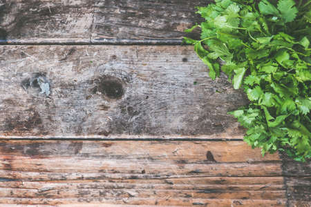 A wooden surface with space for text with green parsley leaves on the sideの写真素材