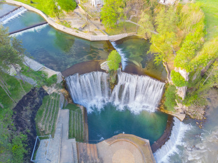 Aerial view to Pliva Waterfall in Jajce in Bosnia and Herzegovina.の写真素材