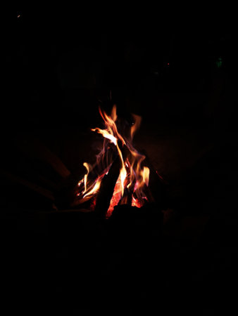 A vertical shot of a campfire or bonfire in a dark area for background or wallpaper